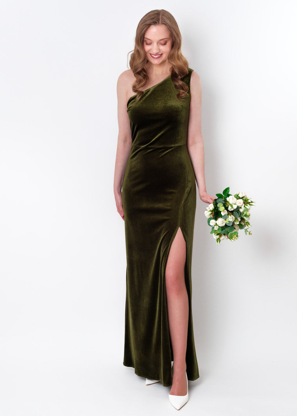 Olive green velvet one shoulder slit dress