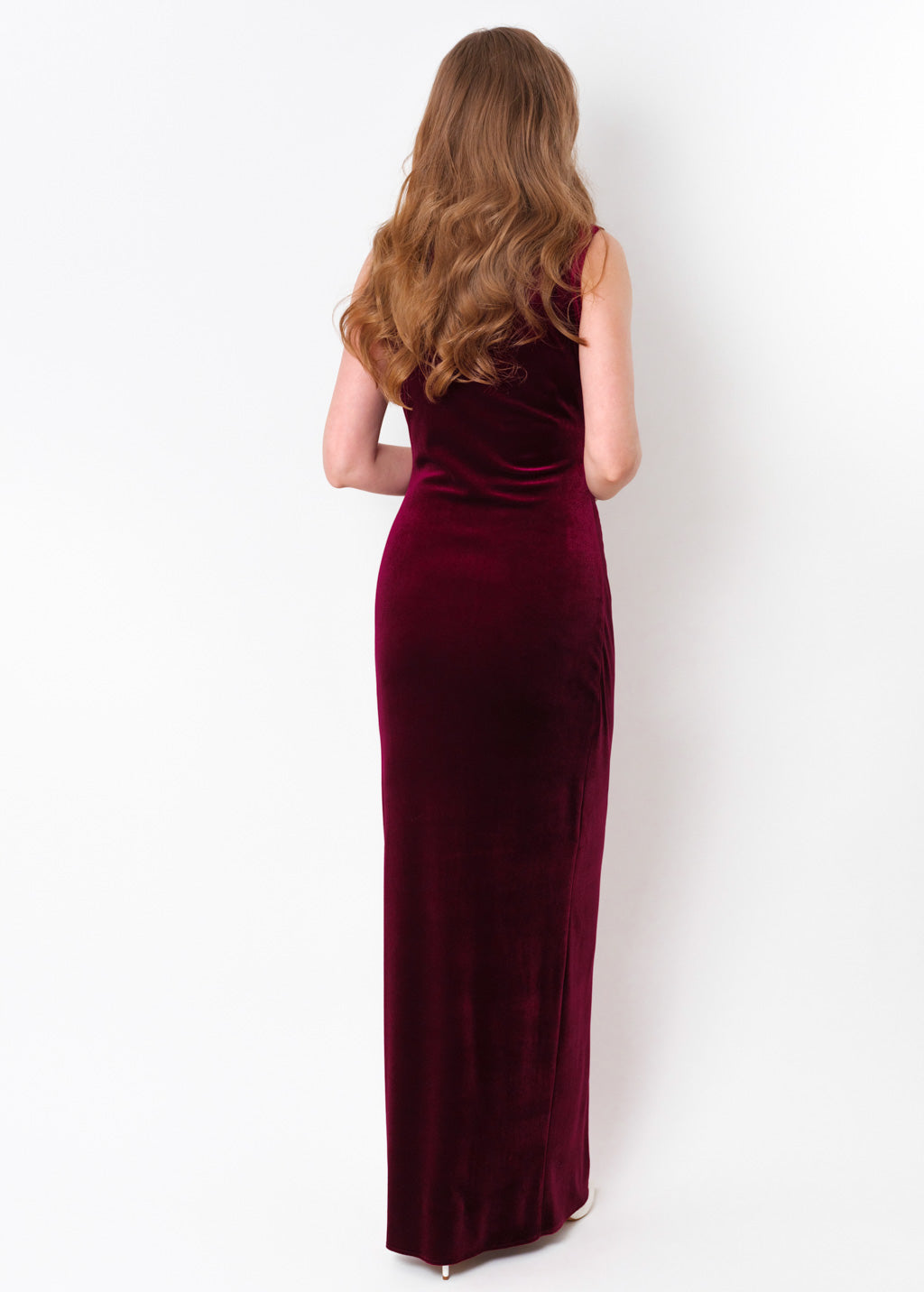 Plum burgundy long wrap bodycon velvet dress