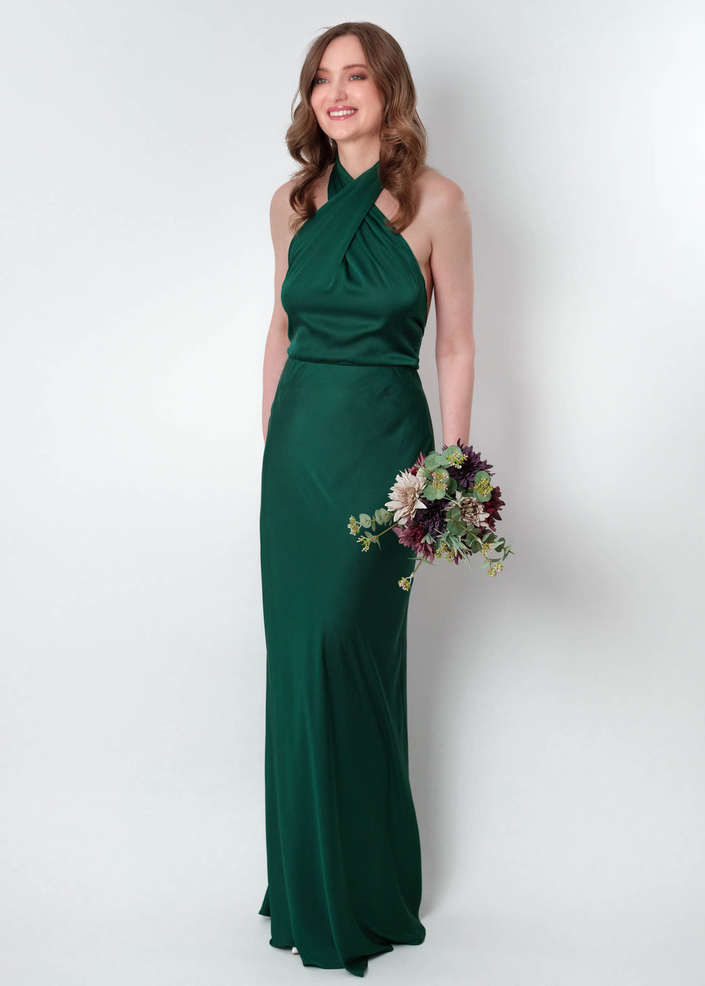 Dark green silk long halter dress