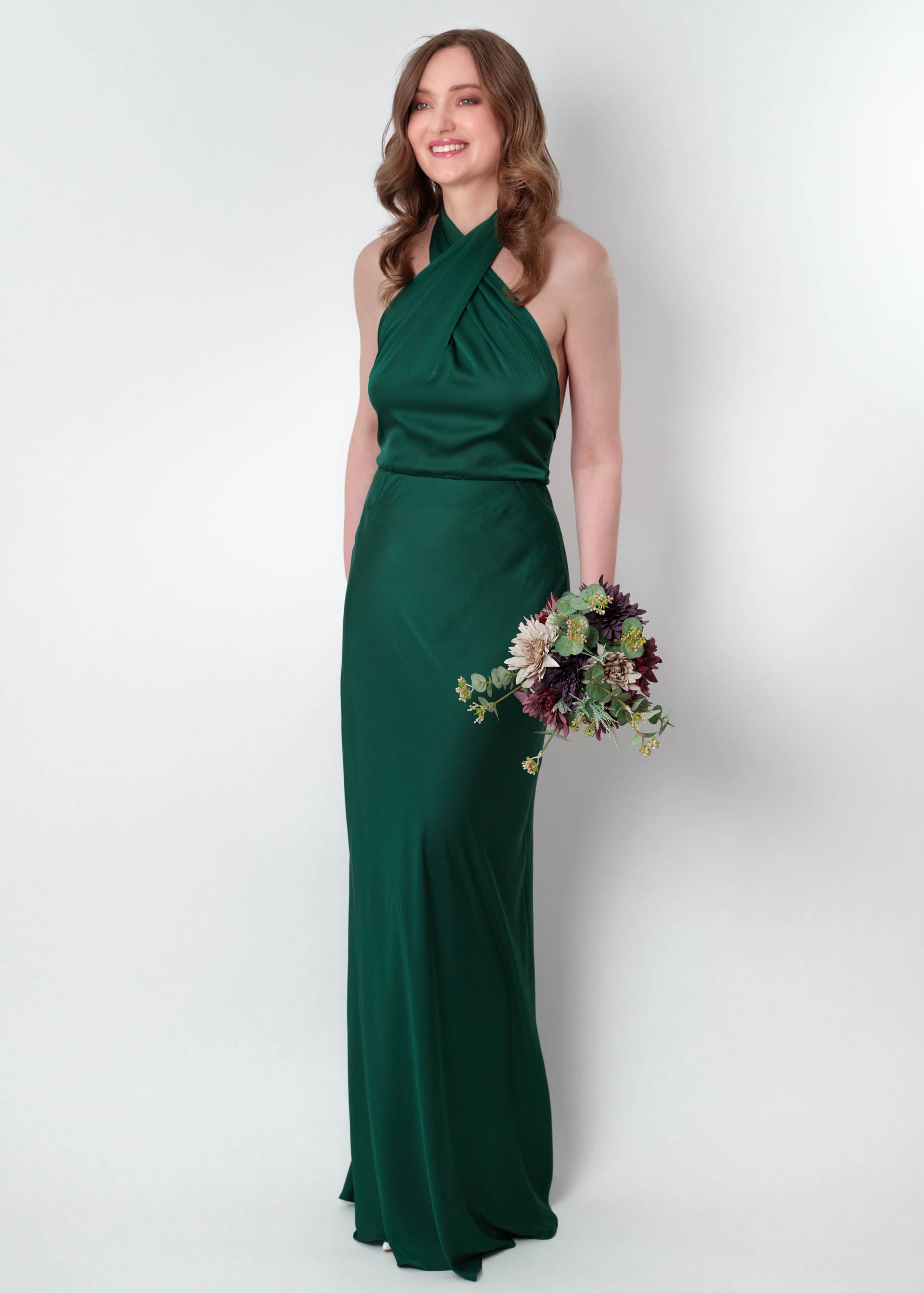 Dark green silk long halter dress