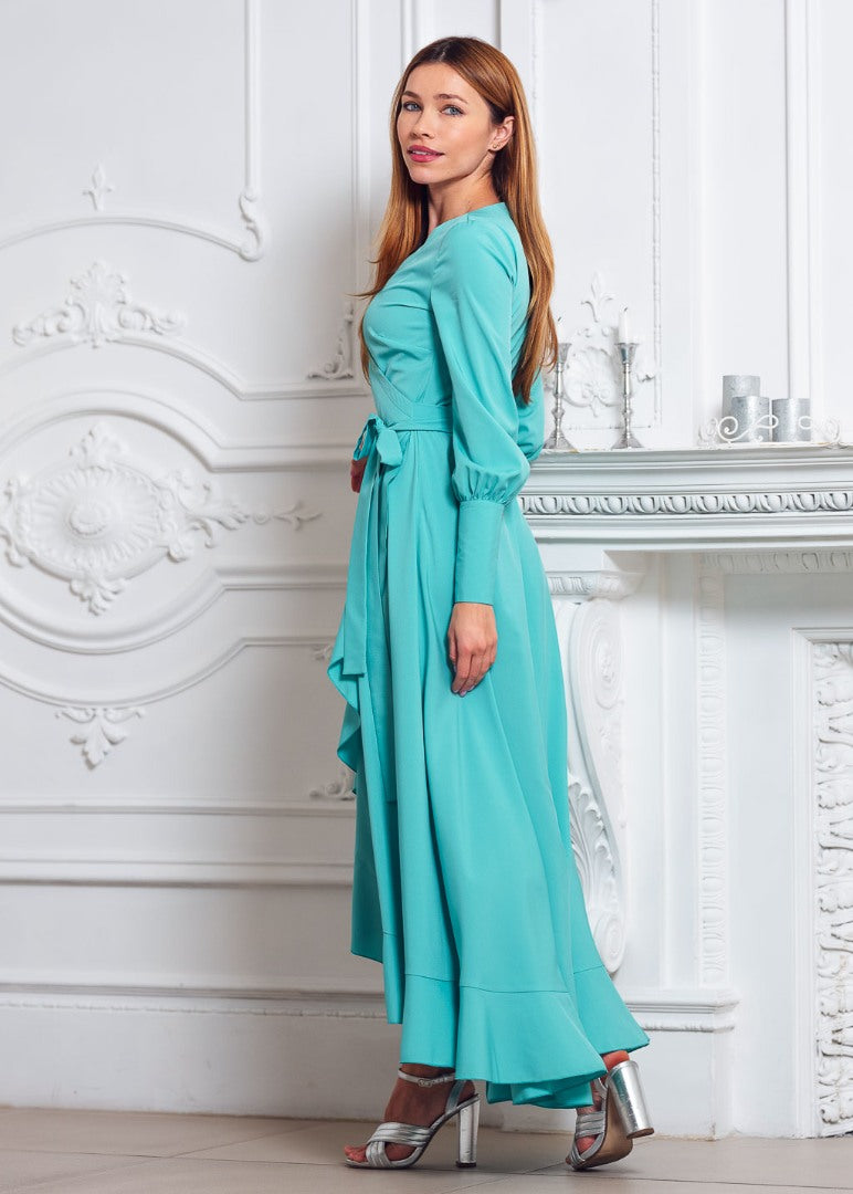 Aqua blue long wrap dress