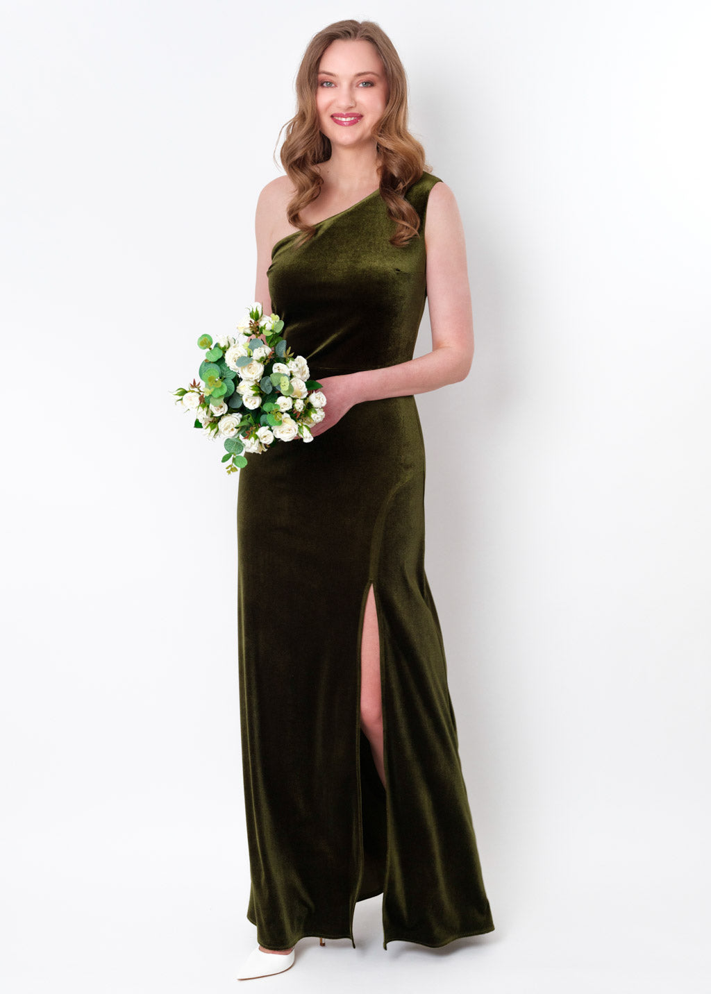 Olive green velvet one shoulder slit dress