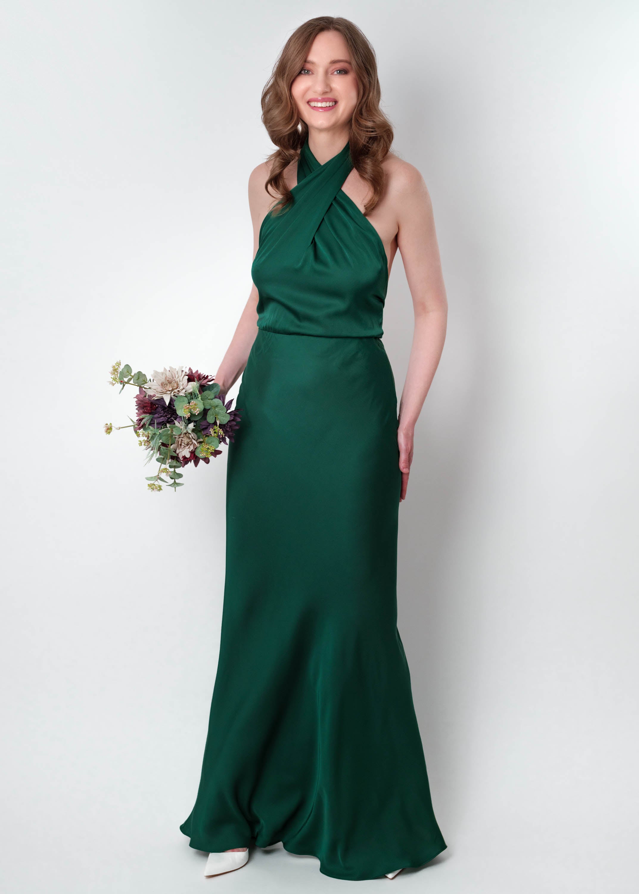 Dark green silk long halter dress