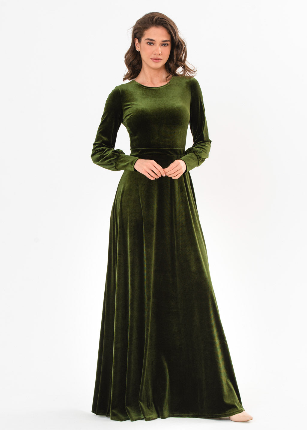 Olive green velvet long dress