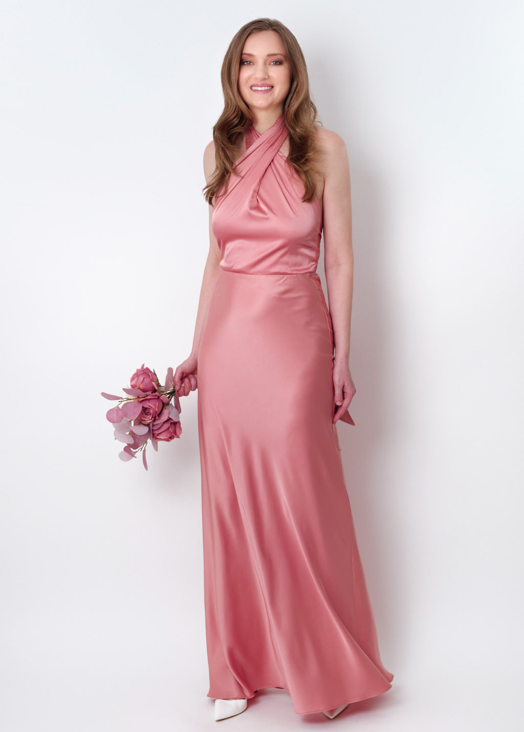Blush pink silk long halter dress