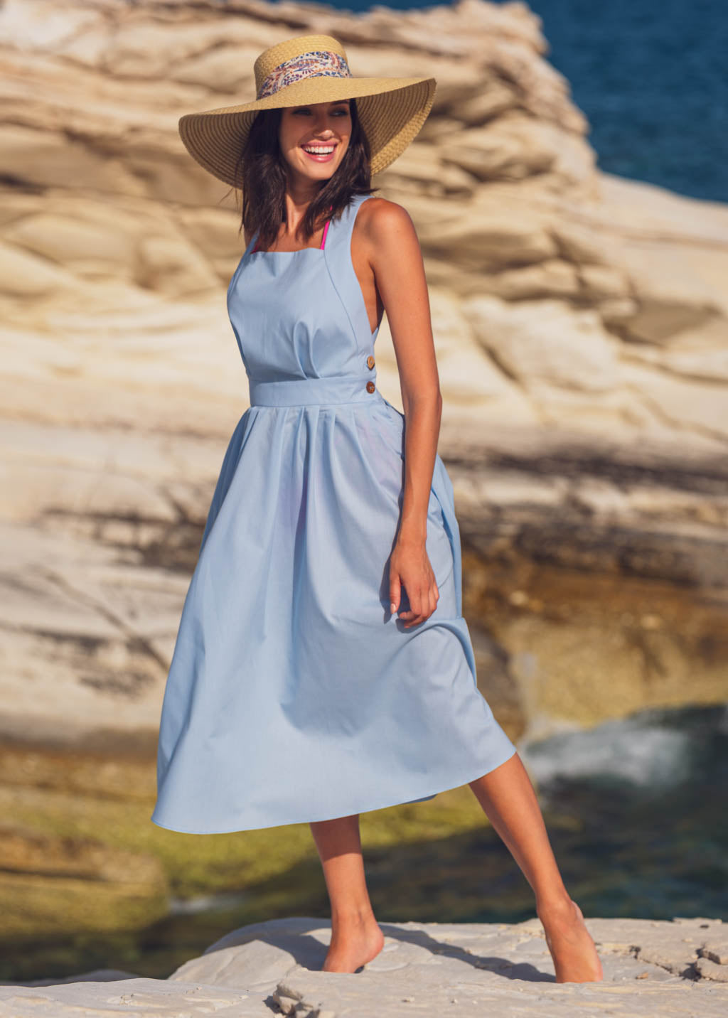 Blue organic cotton cross-back dress