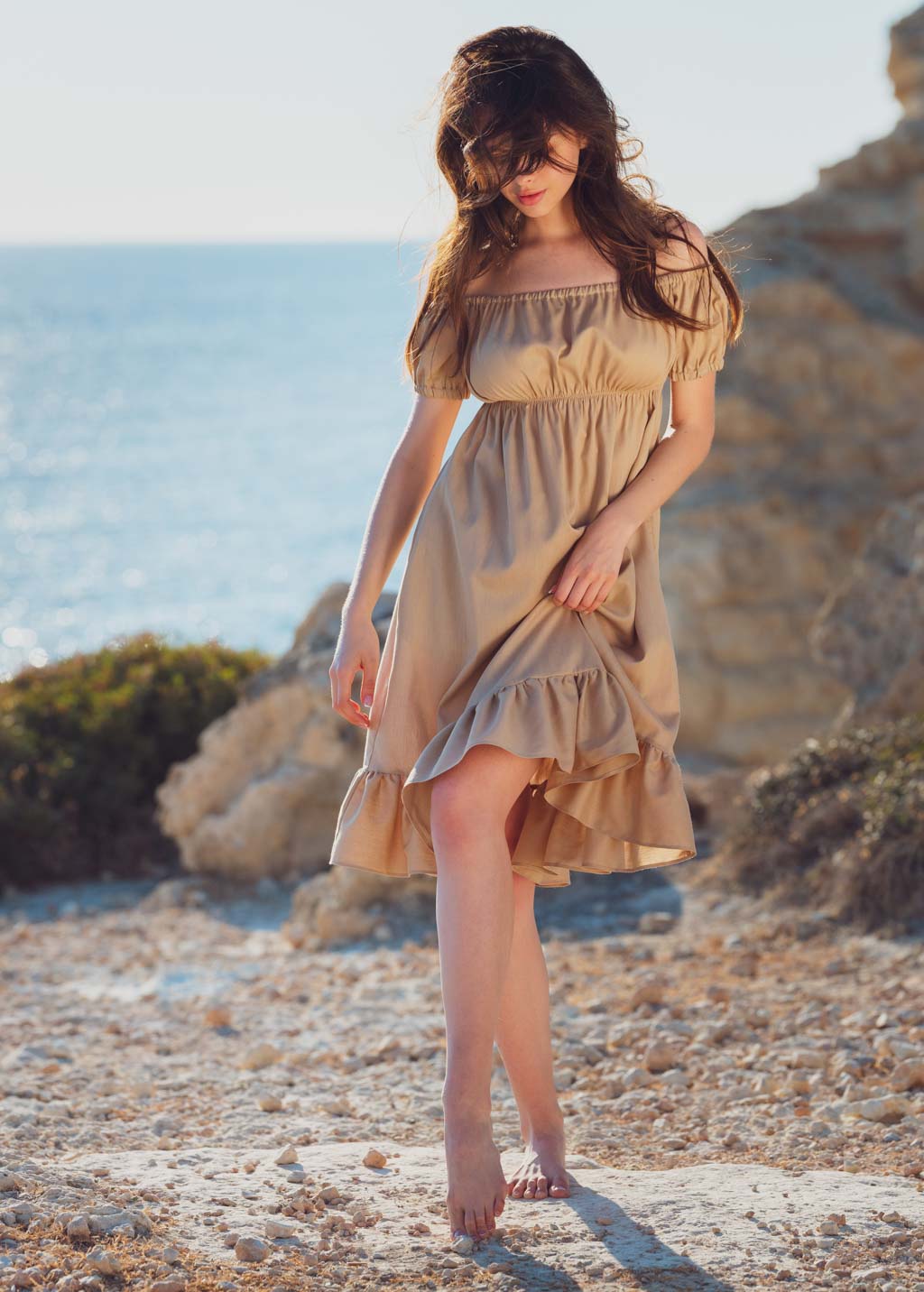 Beige organic linen off shoulder midi dress