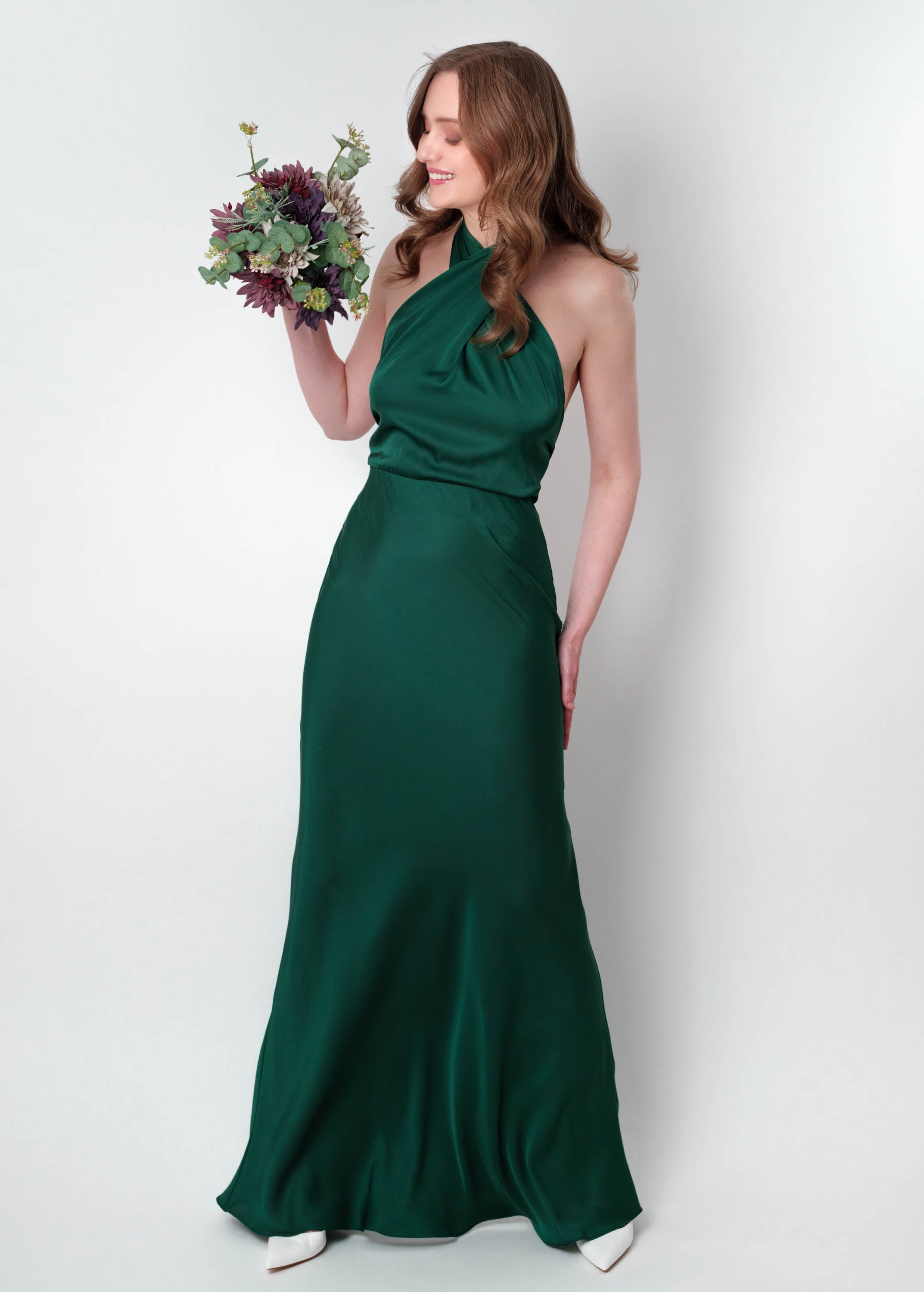Dark green silk long halter dress