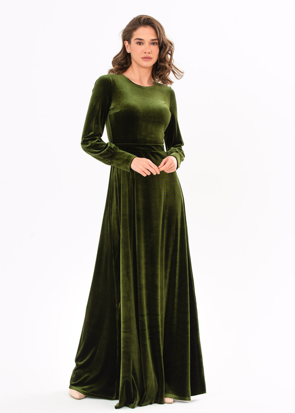 Olive green velvet long dress