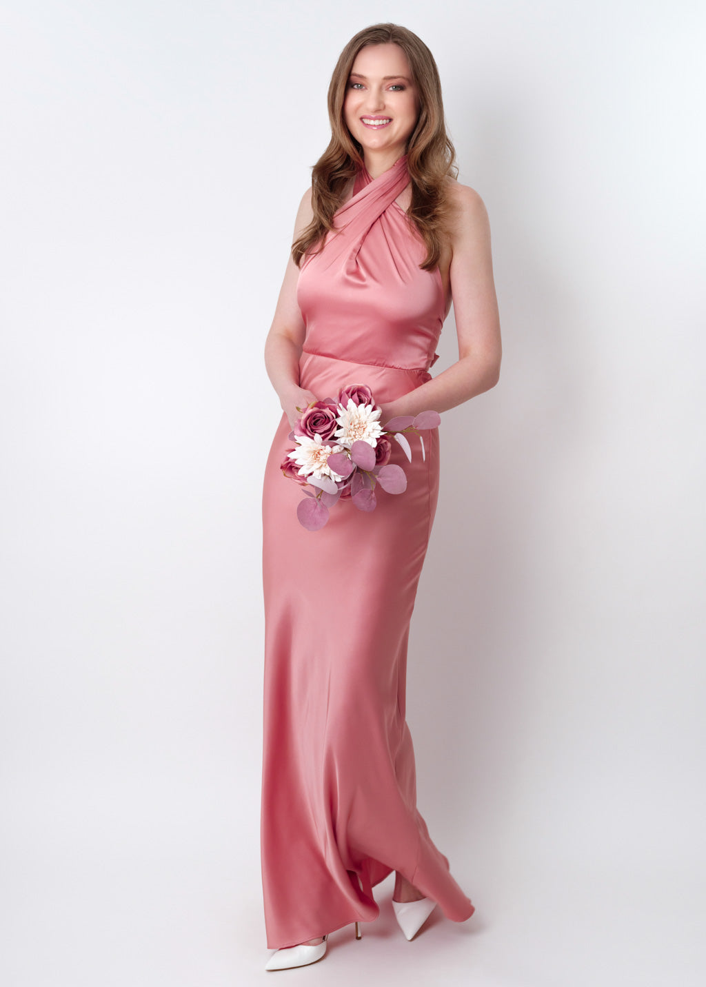Blush pink silk long halter dress