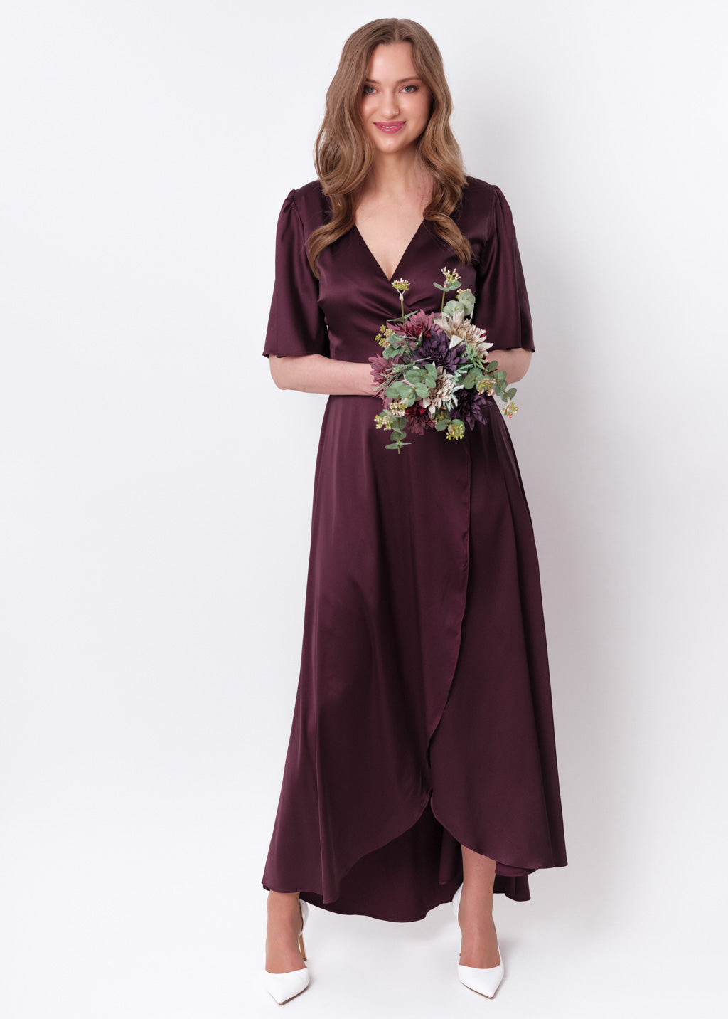 Dark burgundy silk long wrap dress
