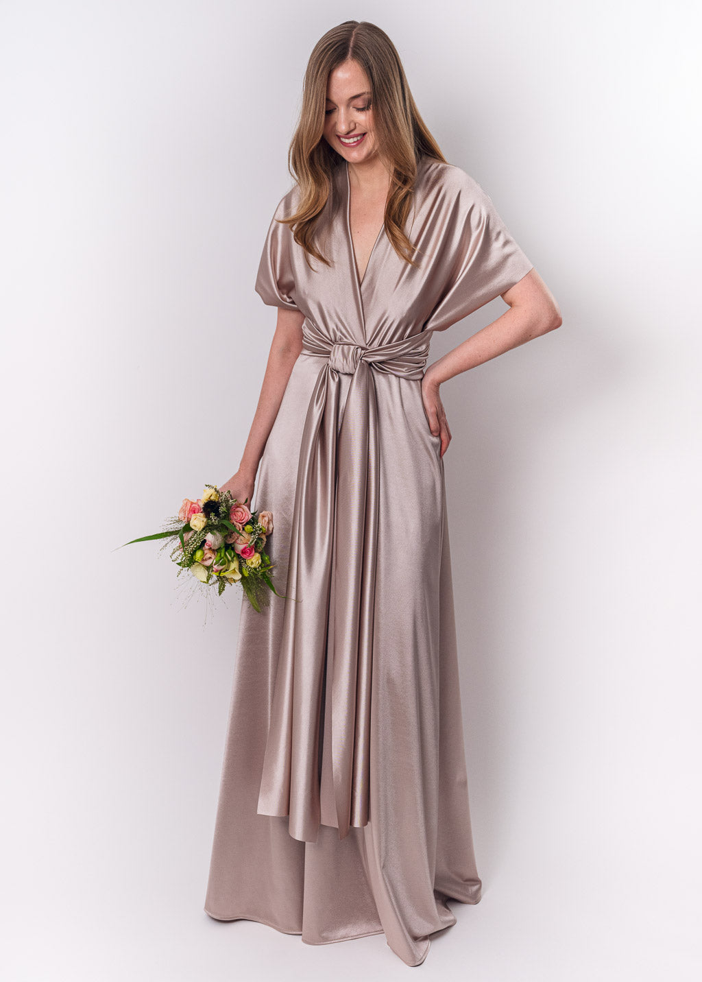 Champagne beige luxury satin infinity dress or jumpsuit