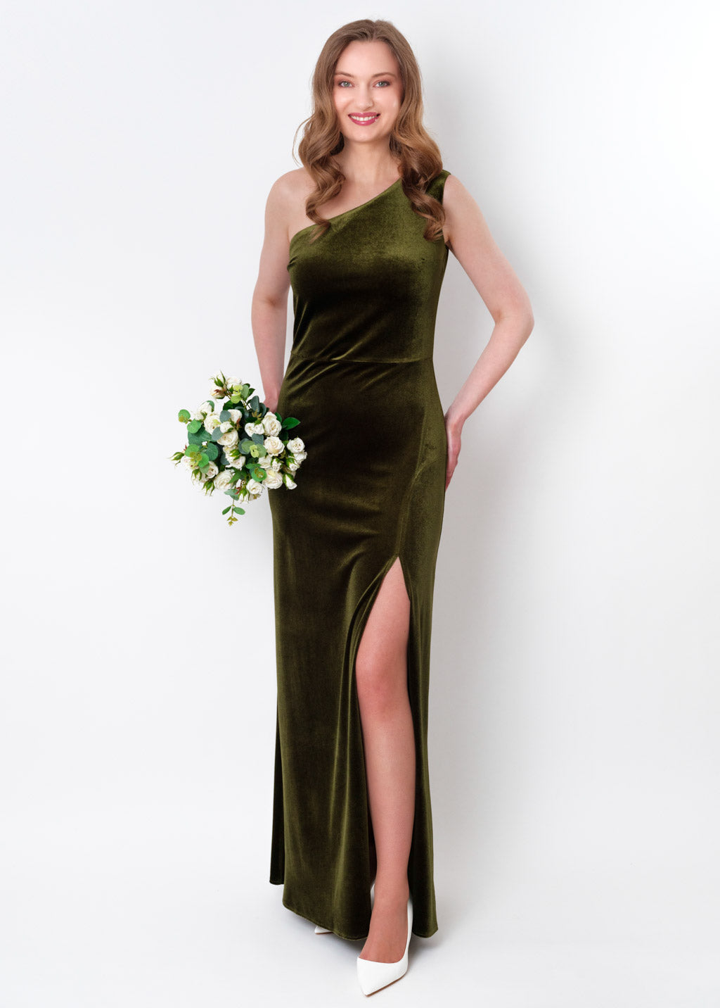 Olive green velvet one shoulder slit dress