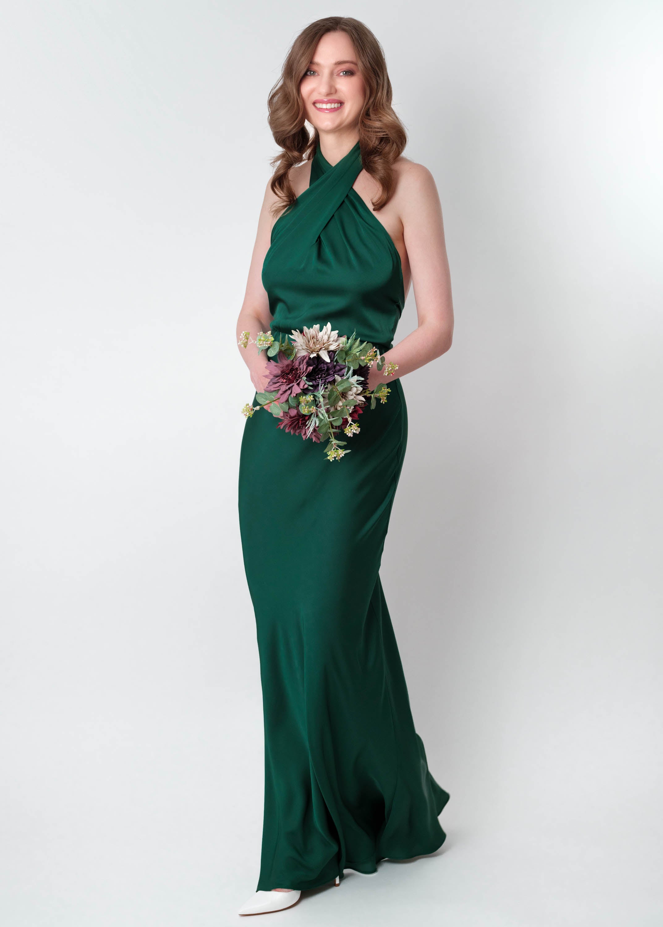 Dark green silk long halter dress