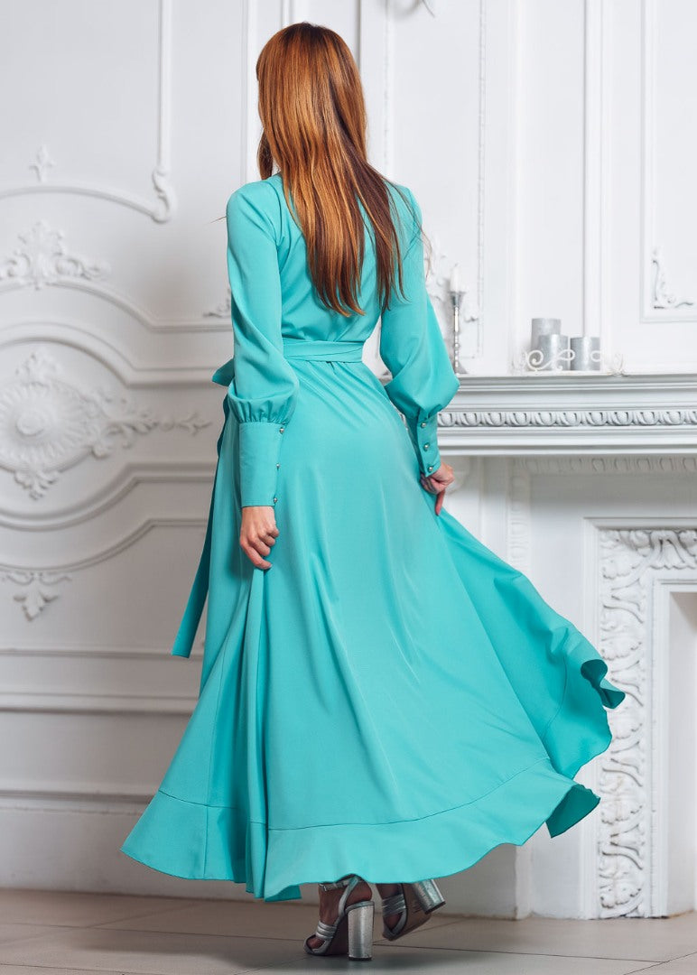 Aqua blue long wrap dress