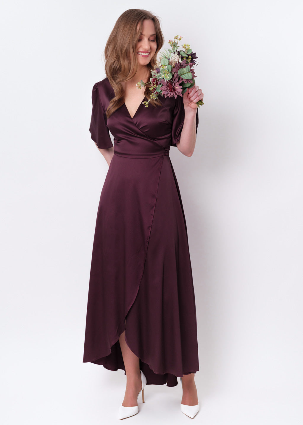 Dark burgundy silk long wrap dress