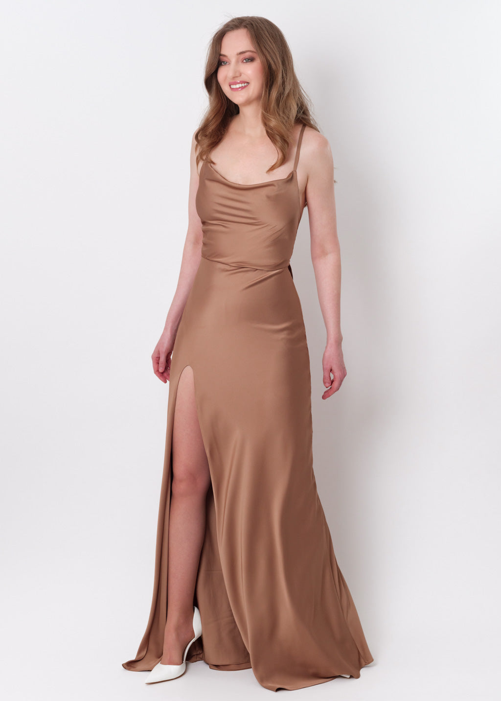 Cappuccino silk slip slit dress