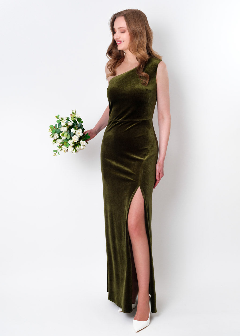 Olive green velvet one shoulder slit dress