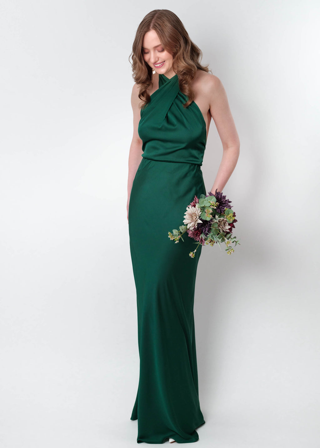 Dark green silk long halter dress