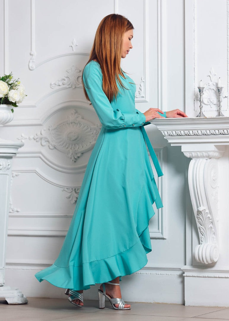 Aqua blue long wrap dress