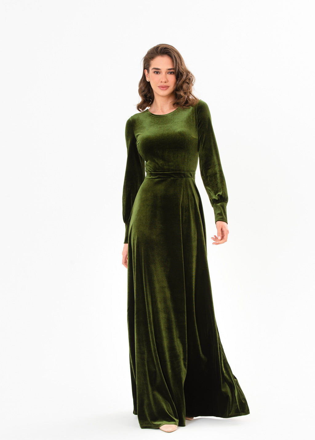 Olive green velvet long dress