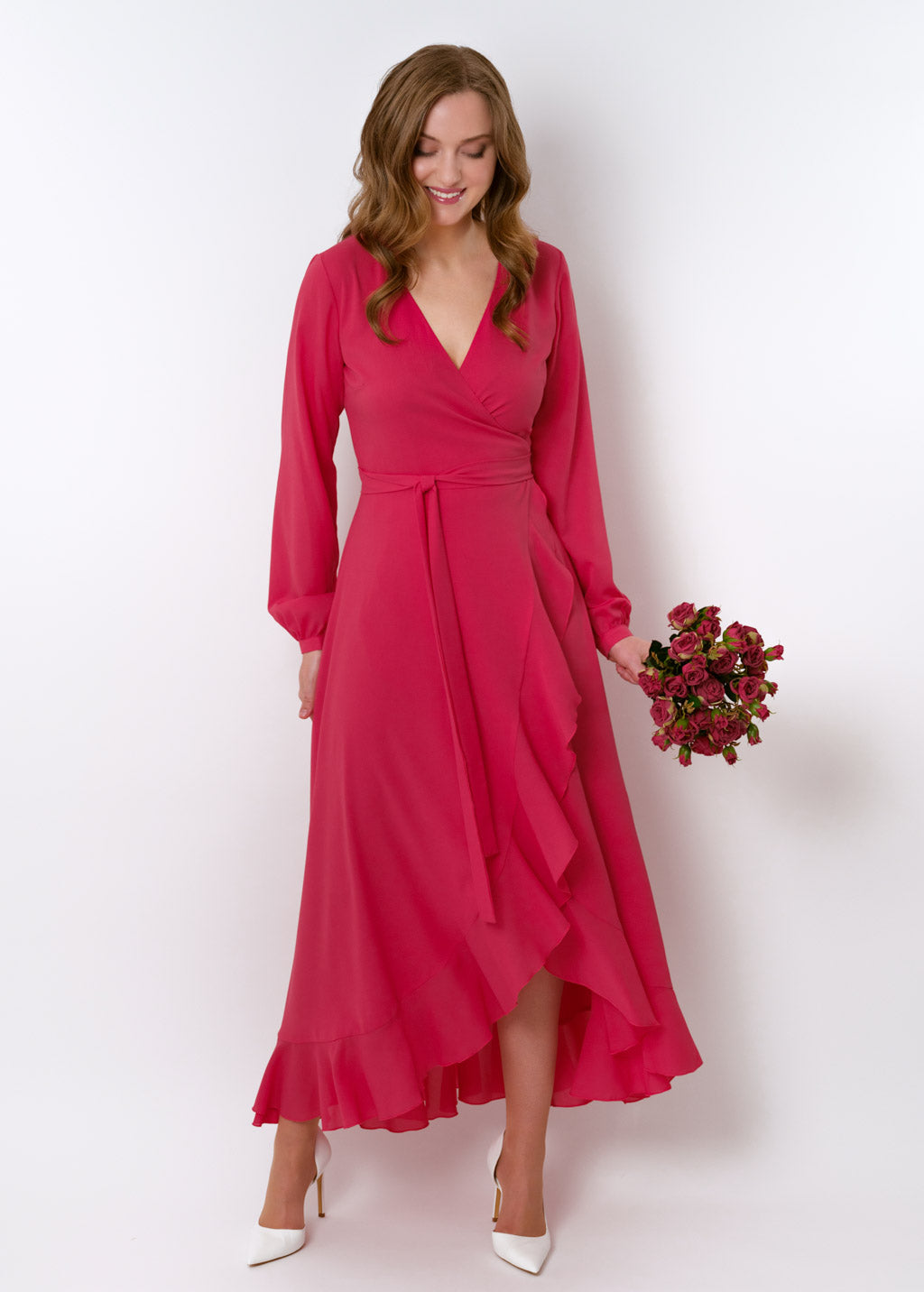 Coral pink chiffon wrap dress