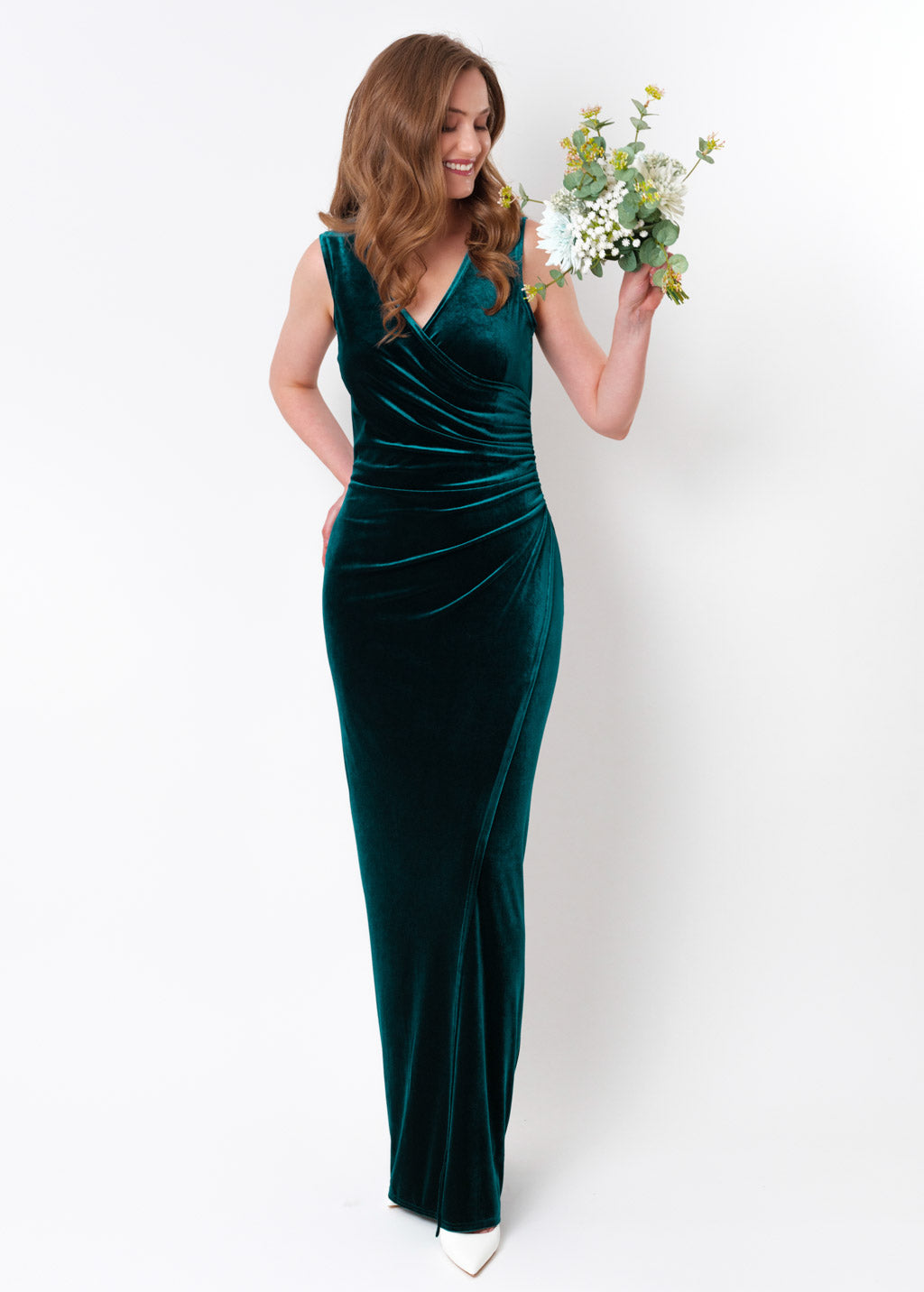 Teal green long wrap bodycon velvet dress