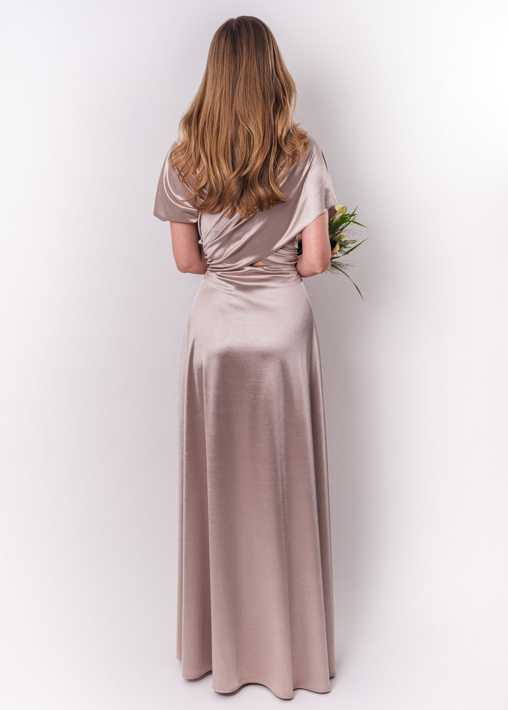 Champagne beige luxury satin infinity dress or jumpsuit