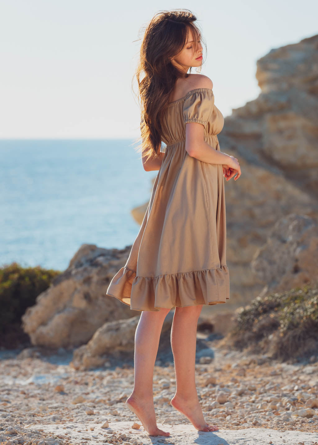 Beige organic linen off shoulder midi dress
