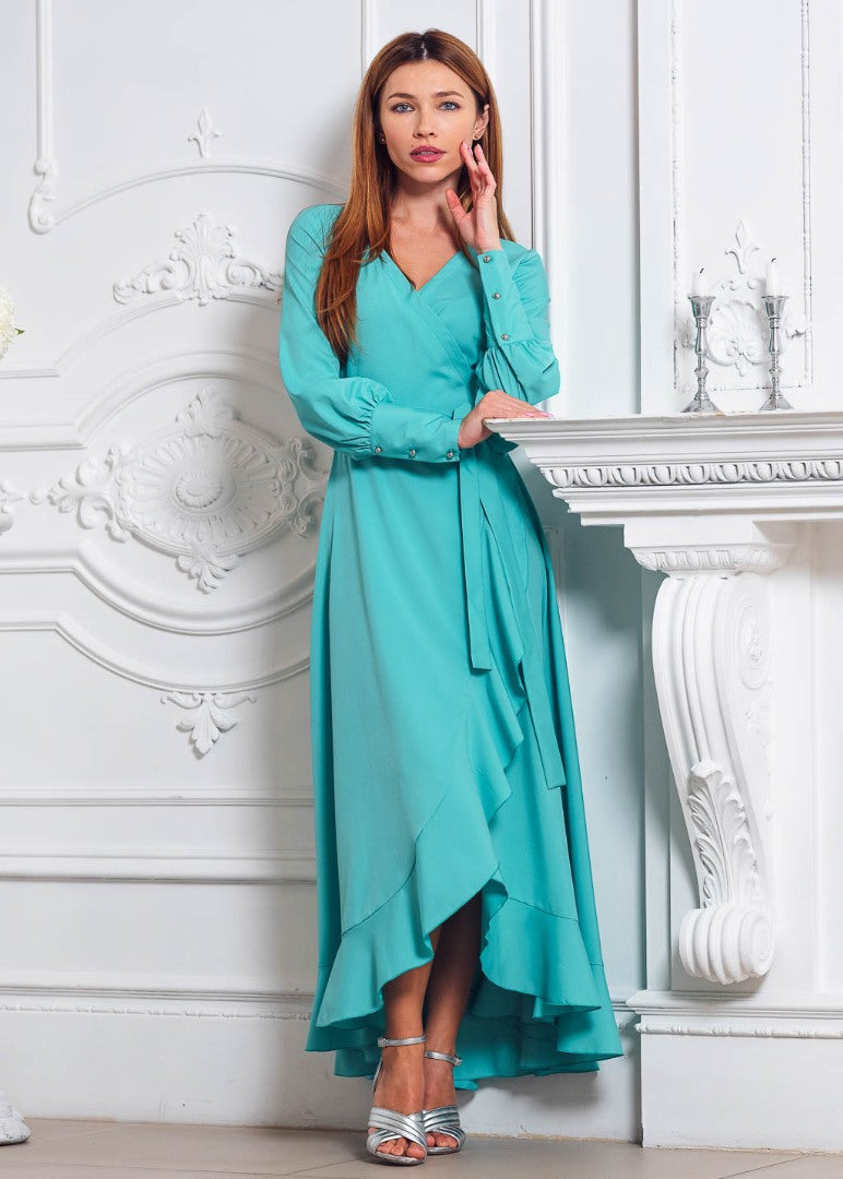Aqua blue long wrap dress