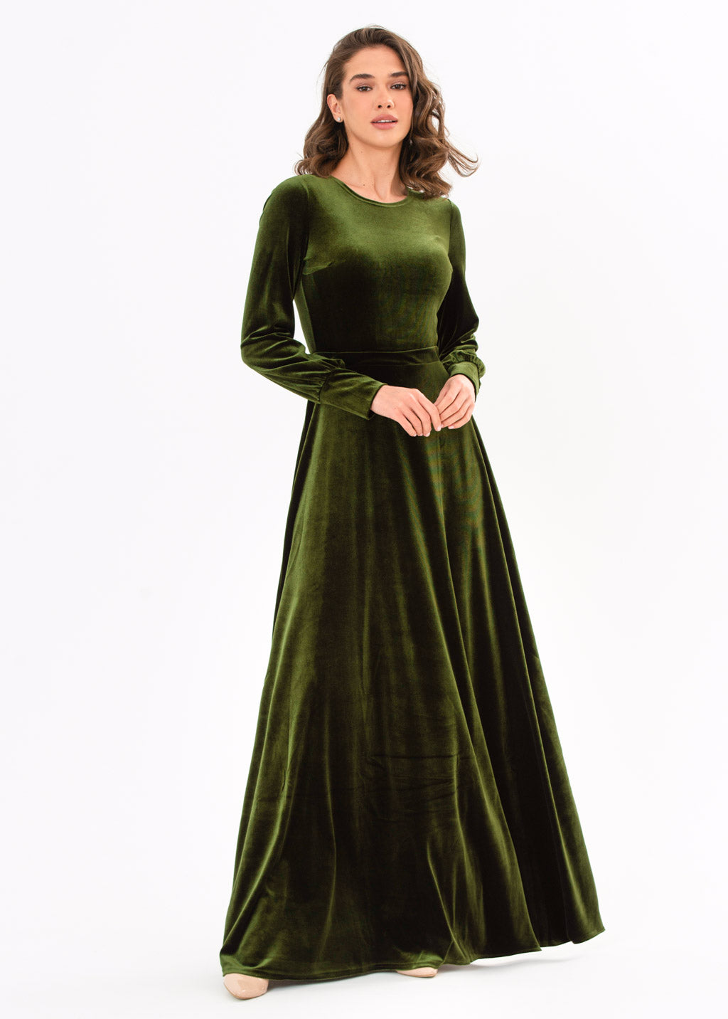 Olive green velvet long dress