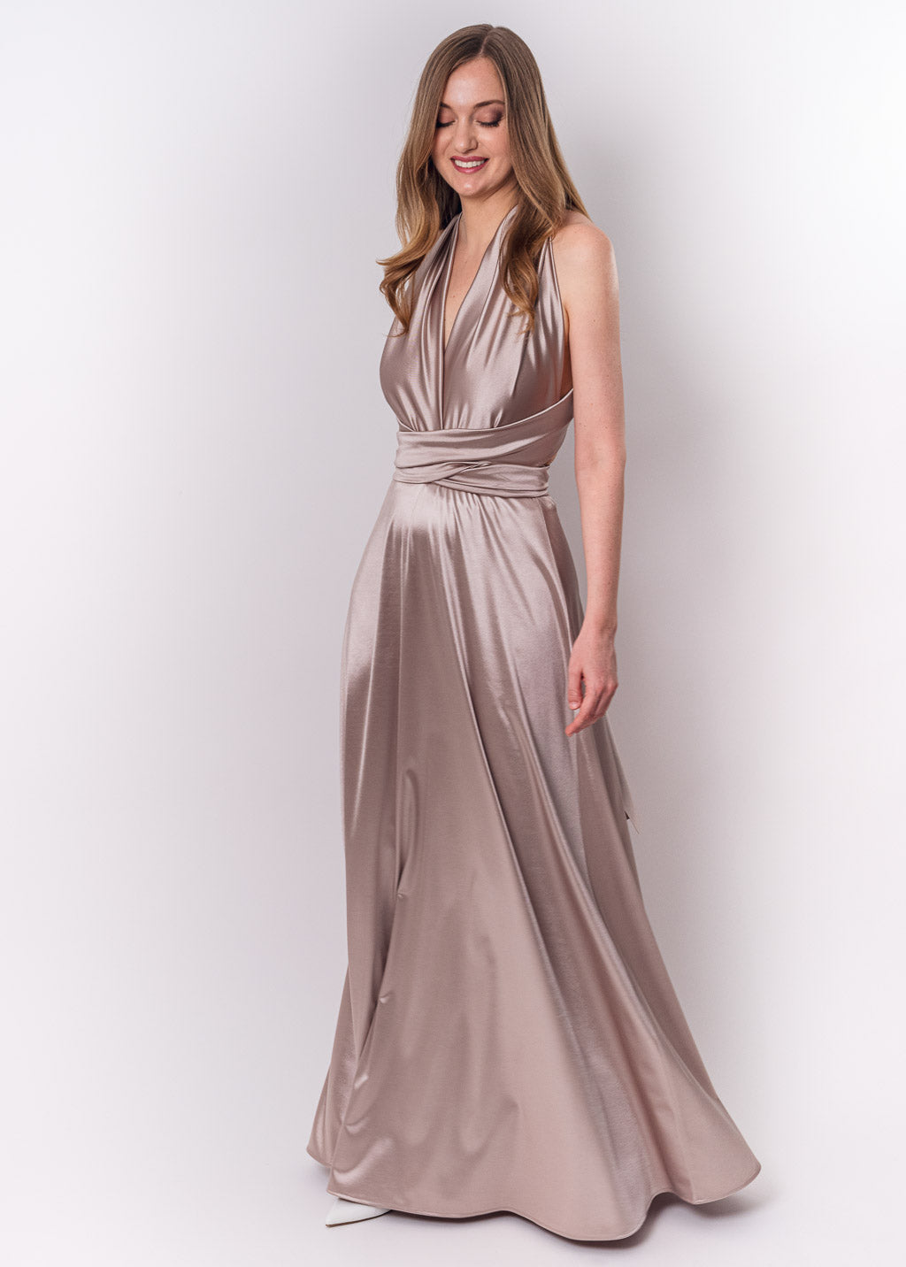 Champagne beige luxury satin infinity dress or jumpsuit