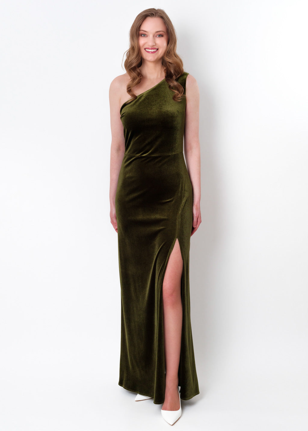Olive green velvet one shoulder slit dress