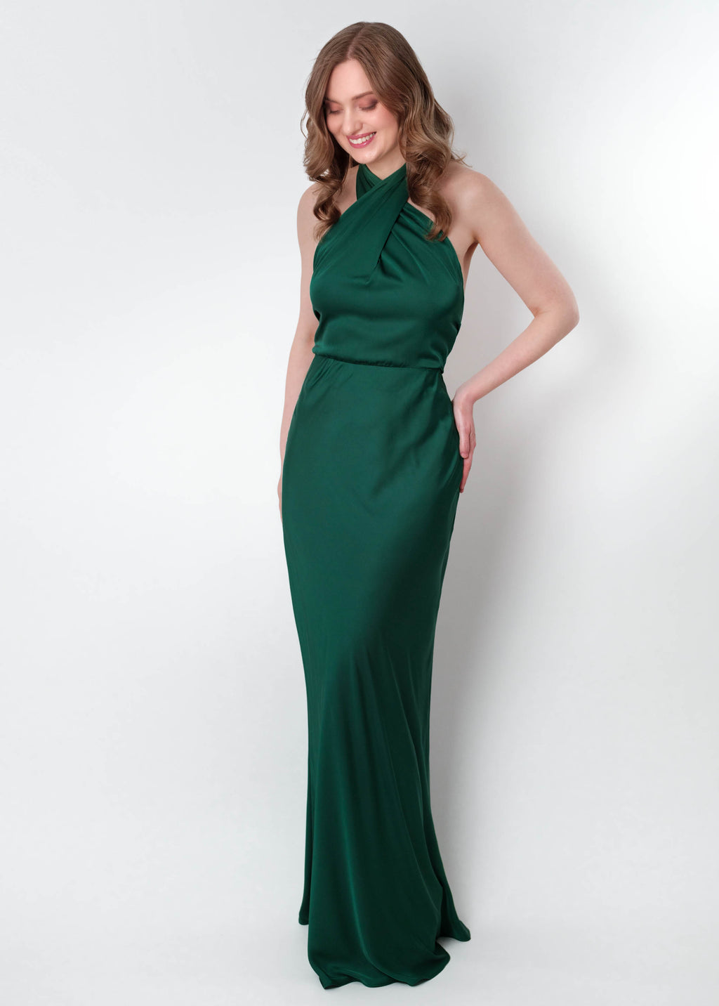 Dark green silk long halter dress