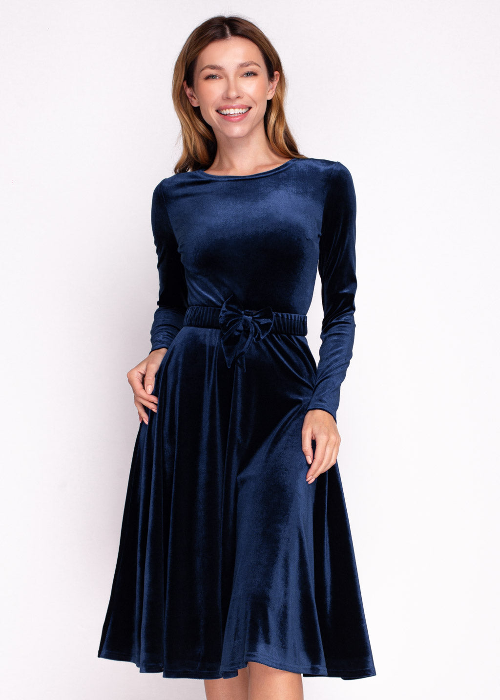 Navy blue velvet dress with belt