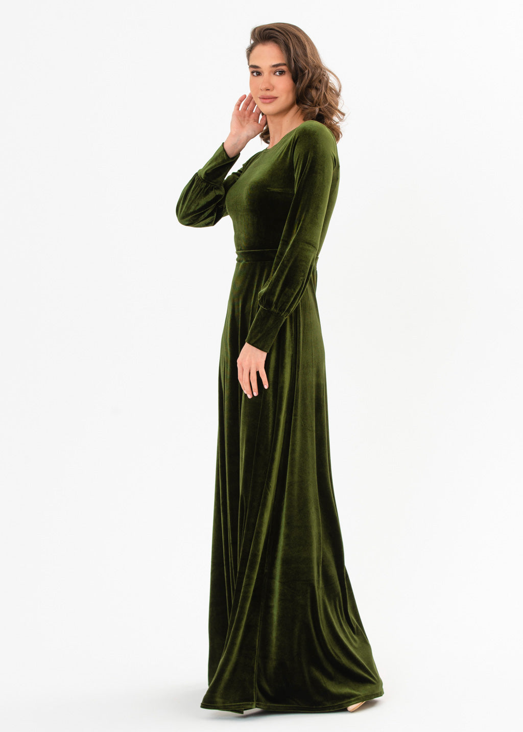 Olive green velvet long dress