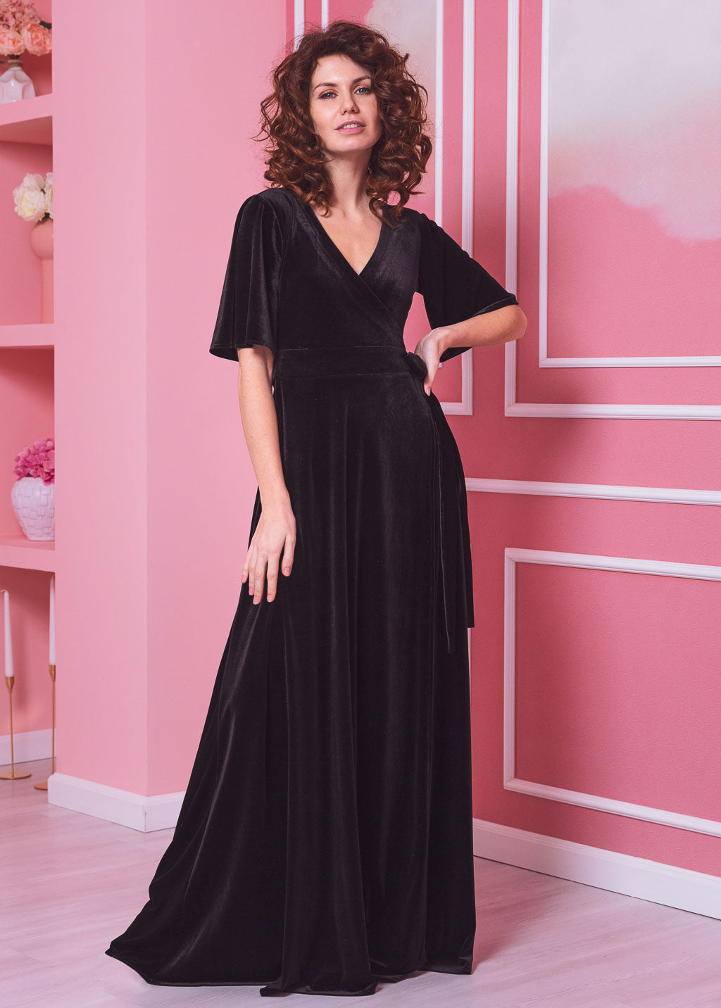 Black elegant long wrap dress