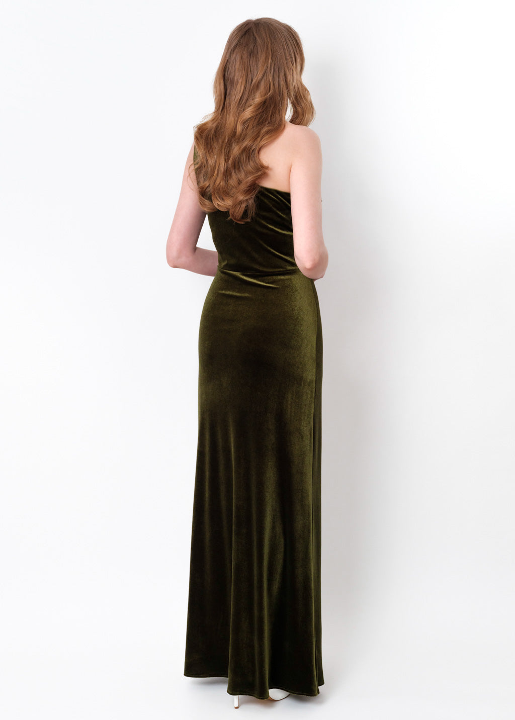 Olive green velvet one shoulder slit dress