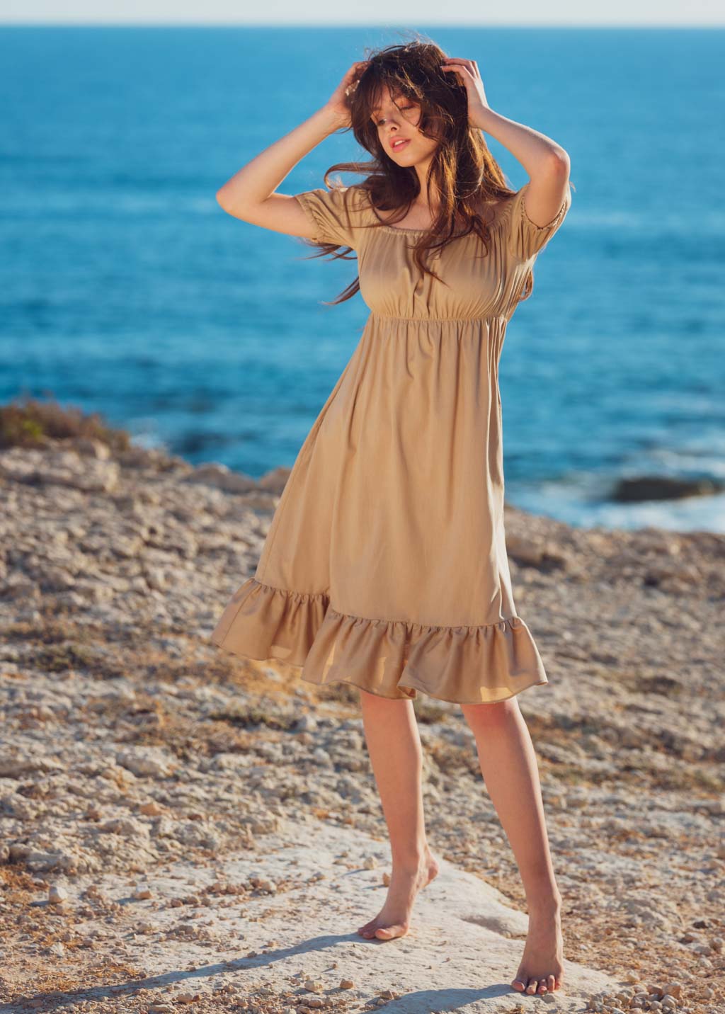 Beige organic linen off shoulder midi dress