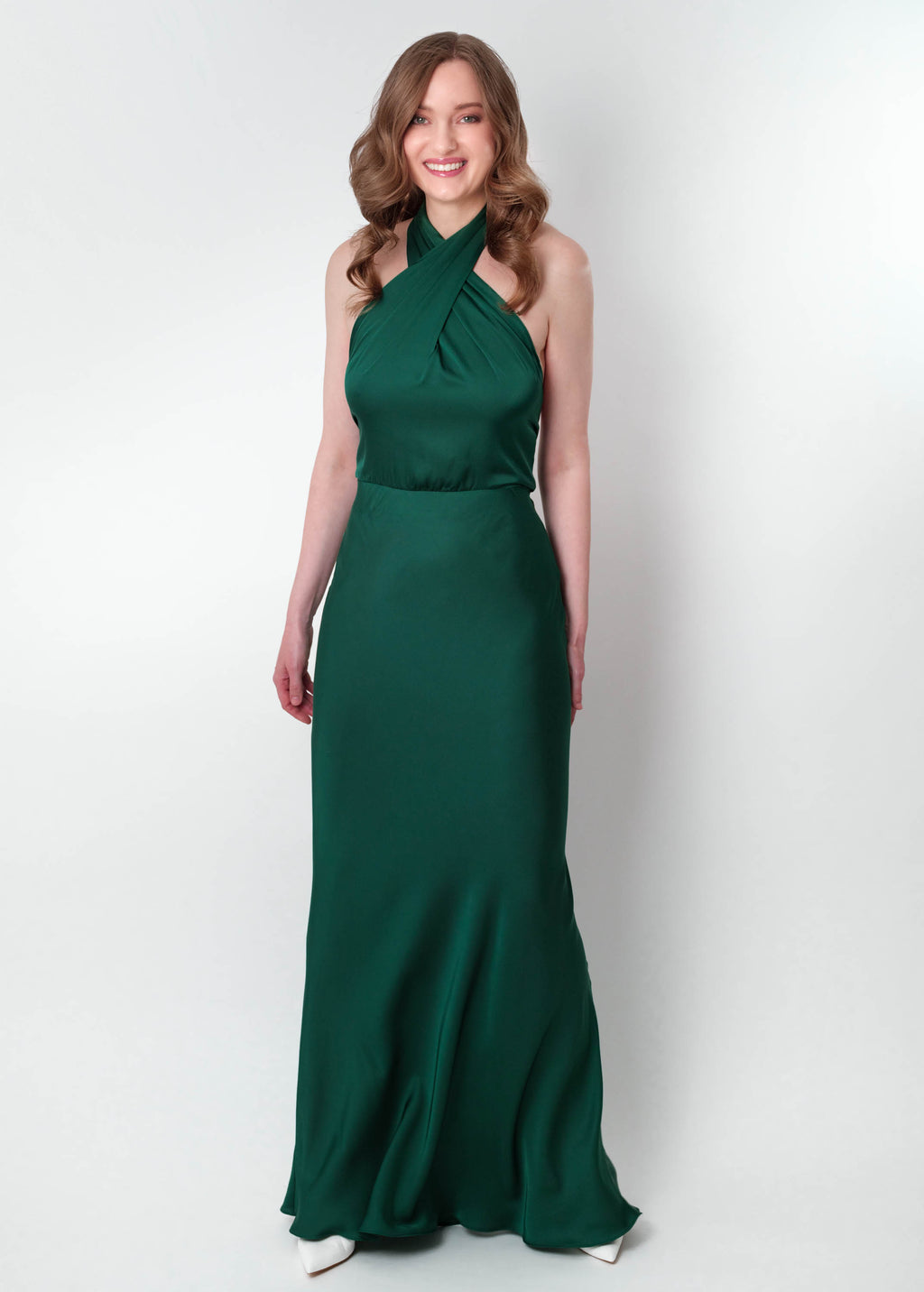 Dark green silk long halter dress