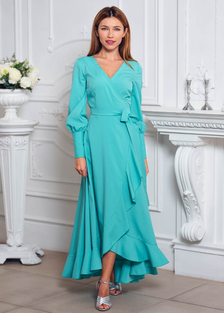 Aqua blue long wrap dress