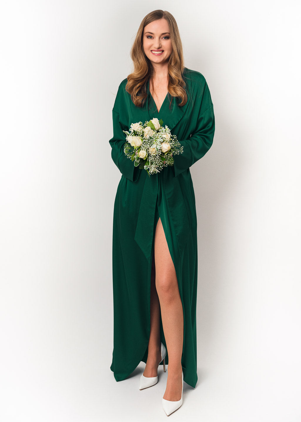 Emerald green long silk robe with pockets