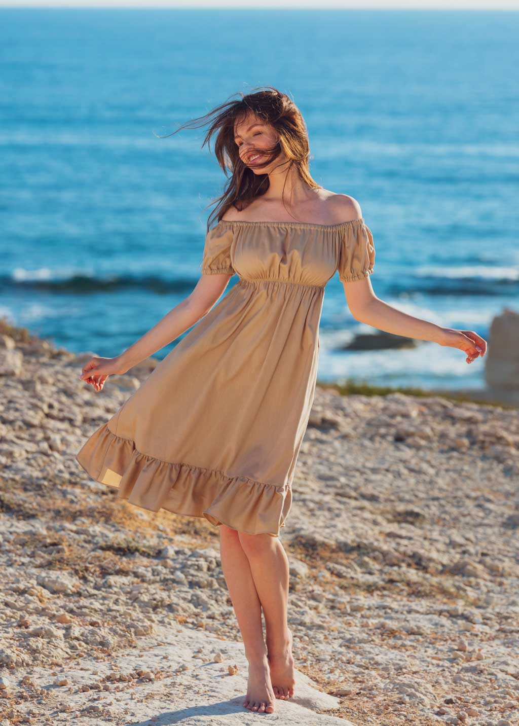 Beige organic linen off shoulder midi dress