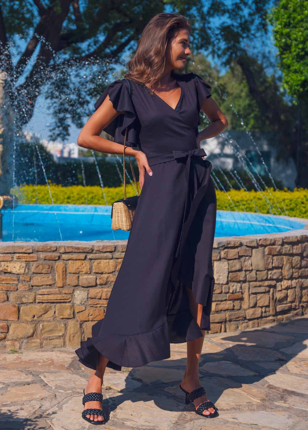 Black linen wrap dress
