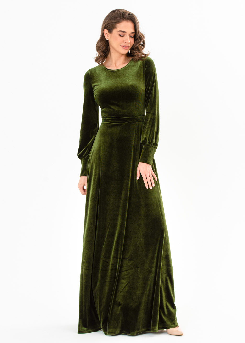 Olive green velvet long dress