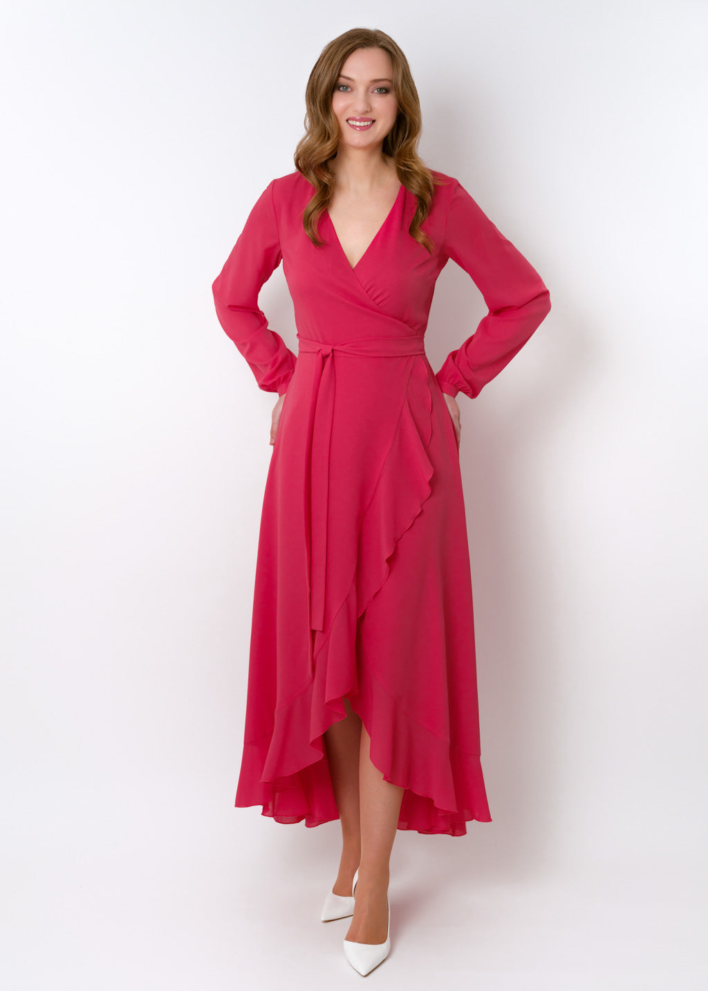 Coral pink chiffon wrap dress