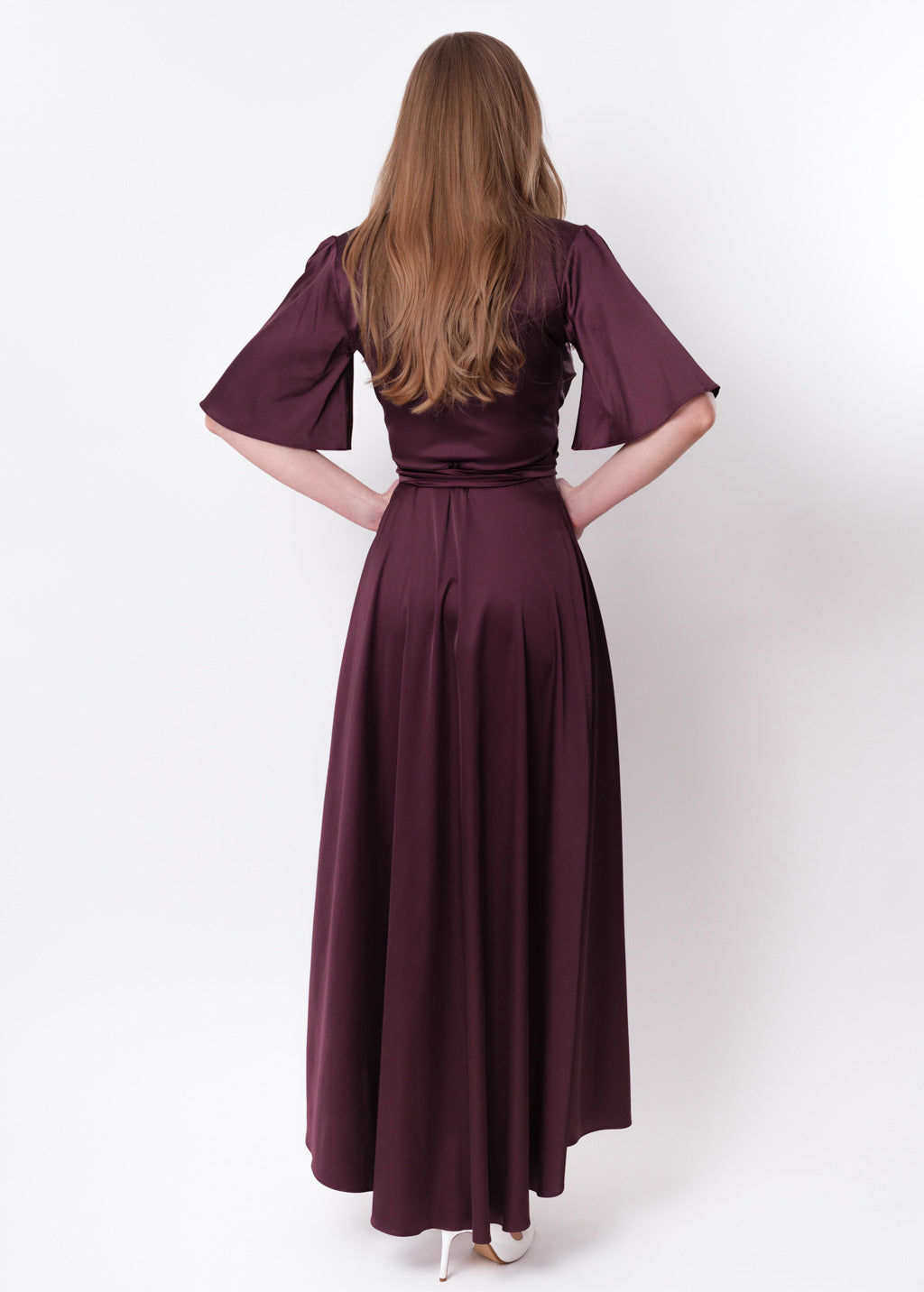 Dark burgundy silk long wrap dress