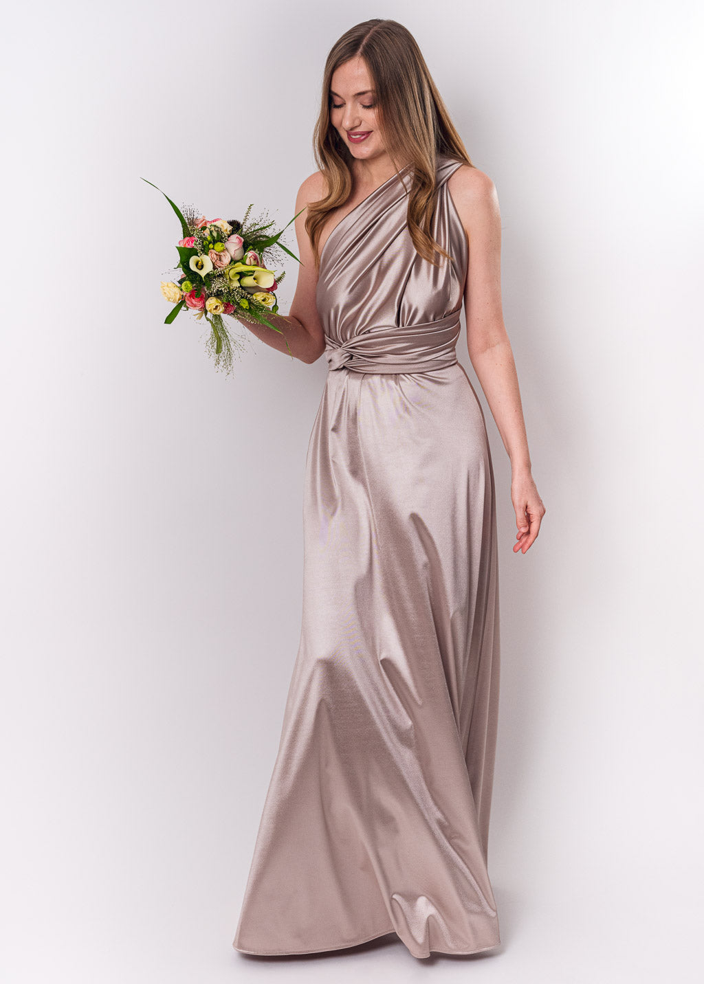Champagne beige luxury satin infinity dress or jumpsuit