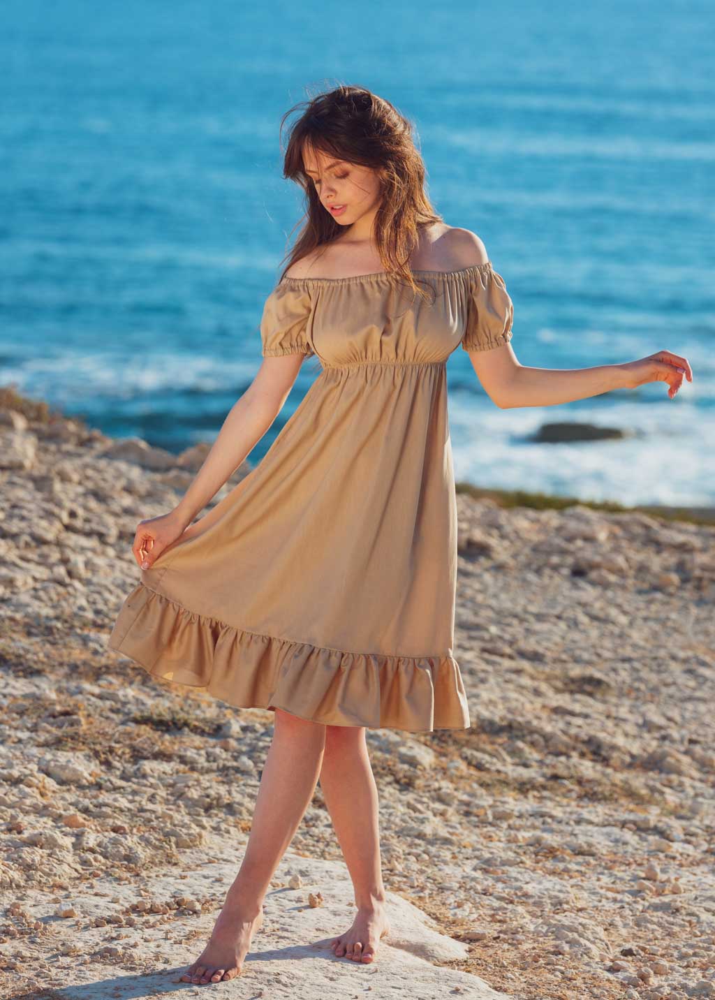 Beige organic linen off shoulder midi dress