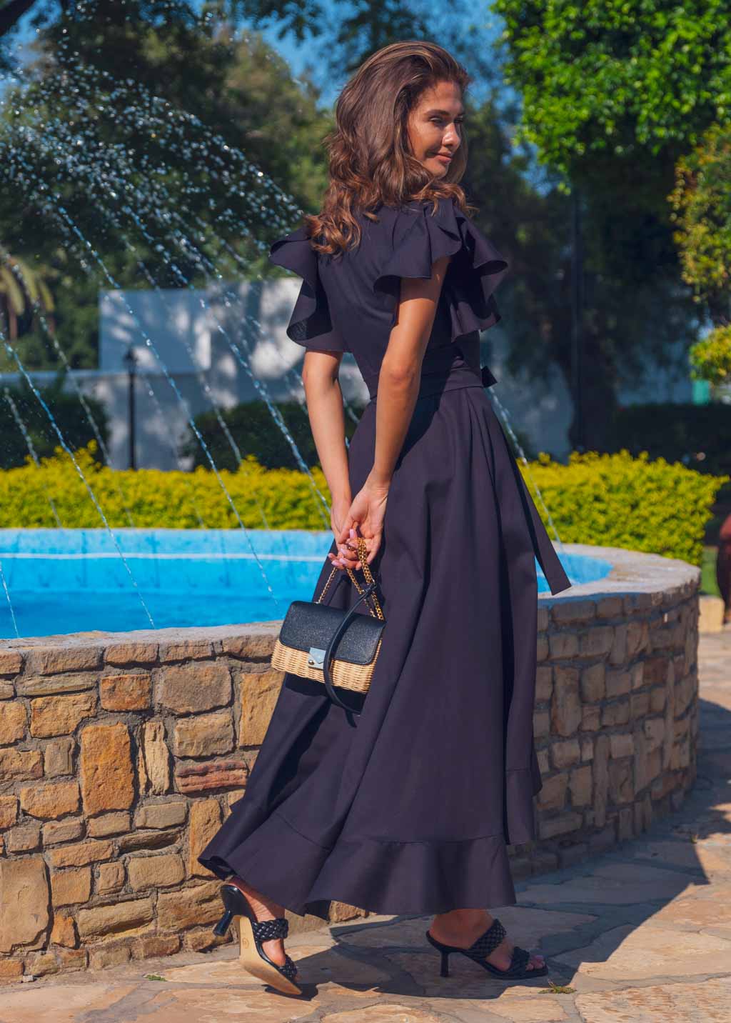 Black linen wrap dress